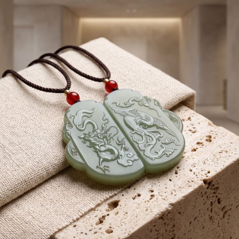Natural Hetian Celadon Jade Dragon & Phoenix Matched Pendants (Pair)